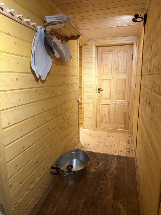 Предбанник с банными шапками и тазом